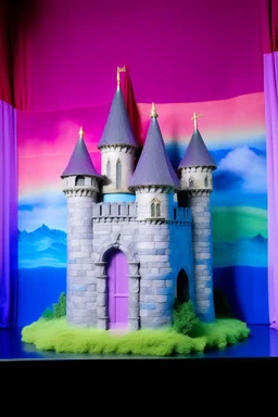 A purple and light purple castle with rainbows designed in ancient Greek mosaics painted by Andy Warhol