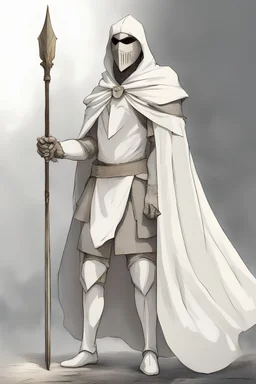 Knight wearing white robes and white cape with white mask, holding a spear