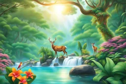 Create a picturesque scene of a lush jungle with vibrant flowers and towering trees. Include beautiful animals like colorful birds, playful monkeys, and graceful deer. Add a winding river with crystal-clear, wavy water flowing gently over smooth rocks on the riverbed. Let the sunlight filter through the canopy, casting a warm glow on this serene and enchanting landscape.