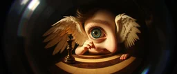 fish eye lense, pin hole cam, master oil painting by Rembrandt, realistic rendering one eyed chess angel a sense of depth