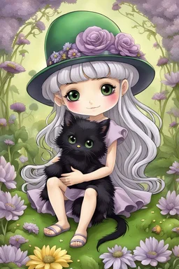 cute happy fairy girl with little wings and rounded (purple eyes), big long silver hair, on her hat sitting a tiny black kitty with green eyes , chibi, 3d anime character, detailed, fantasy style, nice picture in the big meadow with pale colors flowers