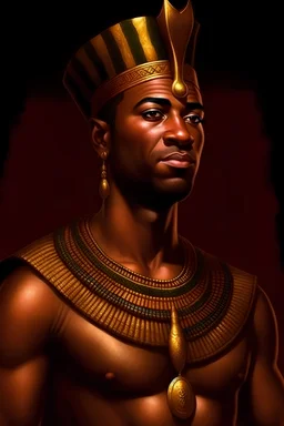King Thutmose III, with non-African features, fair-skinned, athletic body, looking forward proudly, fantasy artwork