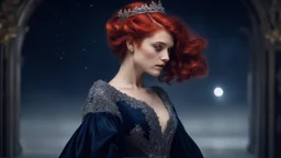 Её платье было не из парчи или шёлка, а из плотного, цвета ночного неба бархата, скрывавшего её швы и подчёркивавшего хрупкость стана. Её рыжие волосы, короткие и пышные, были увенчаны тонким серебряным обручем, словно диадемой из лунного света.