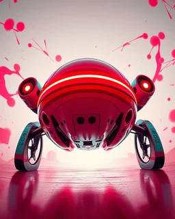 low view angle shot down from upper left front and showing the full vehicle, a RETROFUTURISTIC HOVERING CRAFT OF ALIEN ORIGIN, large close up a beautiful look up modern is decorated with red abstract, all red background, fisheye lense, vray, raytracing