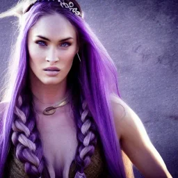 viking queen with purple armor, delicate purple braided hair, white flowing dress, highly detailed, 8k, ambient light, megan fox