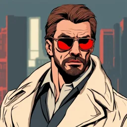 a young man with big muscles who looks like hans gruber wearing a heavy coat and red sunglasses staring with a disgusted look on his face