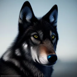 Ultra realistic cg rendering of Jet black wolf with gold eyes