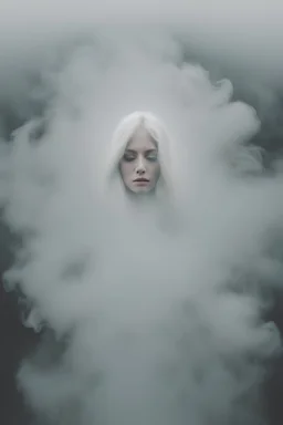 a woman's face from very thick white smoke and fog in the shape of barely visible, ghost-like face lot of white hair, many fog in background, surreal style