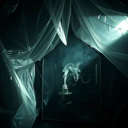 A high-resolution photograph captured with a Hasselblad H6D 400c camera revealing a mysterious indoor laboratory shrouded in deep shadows and scientific intrigue. A translucent plastic tarpaulin drapes gracefully over an angular plexiglass structure, creating ethereal folds and prismatic reflections that catch fragments of dim light, while inside the enclosure a peculiar device releases delicate wisps of vapor that spiral and curl against the transparent walls like ghostly tendrils.