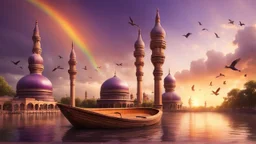 Hyper Realistic Orange & Purple Mosque with Brown Minarets riverside with a wooden-boat at beautiful cloudy sunset & Rainbow with birds flying showing dramatic & cinematic ambiance