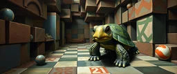 master oil painting by Rembrandt, marble madness turtle character portrait, a living bowling marble halls in a twisted block maze, scenery from the game "marble madness"