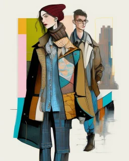 whimsical arafed nonsense, patchwork vibe, a young woman and a young man are strolling down a rainy whimsical downtown street (((with their arms linked))), (((exaggerated body parts))), (((oversize head))), sharp color contrasts, amazing shadows, (((exaggerated limbs and head))), minimal cozy, warm palette, bright bold warm summer colors with yellow orange black colors, color leak, heavily distorted views, amazing parallels
