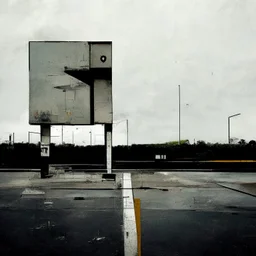 Minimal contemporary abstract oil paintings of desolate 1960s carpark with road markings and concrete fragments. Overlay with grungy typography graphics. style of Justin Mortimer and Francis Bacon.