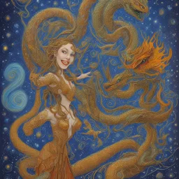 A smiling witch with a beautiful face and full and detailed details performing magic of water, fire, wind and earth with a wooden and crystal wand shining in various colors with a background of large and beautiful dragons flying in an azure sky with A background of a large snake with many heads, in full detail, Ismailoglu, Van Gogh, post-apocalyptic, fantasy, imaginary, 8k, 16k,