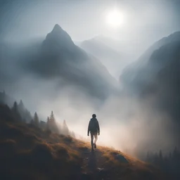 Странник в горах,туман,яркий свет