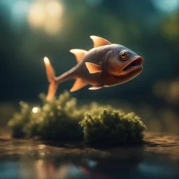 The sprite found an ancient fish, Gave it a gentle kiss, The fish sang a lullaby, And her spirit soared the sky..,bokeh like f/0.8, tilt-shift lens 8k, high detail, smooth render, down-light, unreal engine