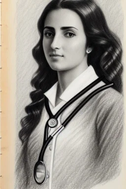 Pencil sketch of Young woman , nurse, wearing a stethoscope around her neck , Arab features,sad, long wavy hair, full body، on lined paper