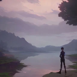 In the anime, a young male character is near the green lake in the sunset afternoon.