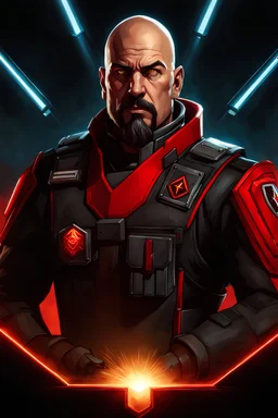 Kane the charismatic, absolute leader of the Brotherhood of Nod from the Command & Conquer real-time strategy game series bald with a goatee black and red Brotherhood of Nod commander uniform as a controller class Apex Legends character digital illustration portrait design by, Mark Brooks and Brad Kunkle detailed, gorgeous lighting, wide angle action dynamic portrait