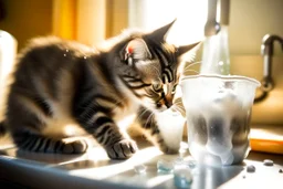 Cute tabby kitten sniffing ice water spilling from a thermos in a kitchen in the sunshine. Ice cubes and snowflakes.