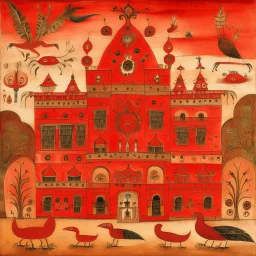 A red palace with pepper dragons designed in African masks painted by Paul Klee