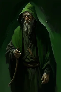 1970's dark fantasy cover dnd style oil painting of an old herbalist hobo like hero using a dark green cloack with sport outfits with minimalist monotone black far perspective.