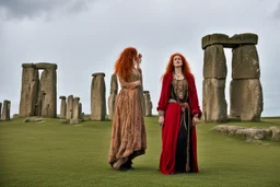 A tall slim red-headed woman, dressed like a gipsy, standing in front of Stonehenge