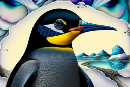 One single mature penguin, friendly, riding on a bike, perfect iris, perfect eyes, model style, hyper realistic, extremely accurate, delicate, extremely detailed, Graphic novel style, colours, wide-angle, open aperture, superfine pencil