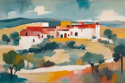 an abstract painting of an idyllic 16th century Spanish villa set amidst rolling hills and ancient olive groves , in the imagery-stain painting style of Helen Frankenthaler and Jean-Michel Basquiat muted natural colors, museum quality masterpiece