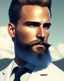 Handsome human male, aviator, educated man, with a trimmed beard, blue eyes, slick blonde hair, full-scale head and shoulders portrait, concept art portrait by Greg Rutkowski, WLOP, Alphonse Mucha dynamic lighting hyperdetailed intricately detailed Splash, volumetric lighting fantasy