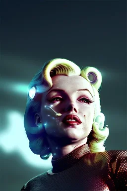 Ultra Realistic retro sci-fi scene, portrait, blonde woman, sweet young Marilyn Monroe face, perfect iris, tight latex coat, Strange planet background, Retro sci-fi style helmet, fog, rain, soft color, highly detailed, unreal engine 5, ray tracing, RTX, lumen lighting, ultra detail, volumetric lighting, 3d, finely drawn, high definition, high resolution.