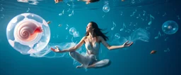 eskimo yoga mind bending bubble gum as a young woman floating transparent music notes in the weirder universe in the ocean with the snail fish