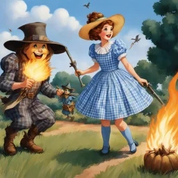 Dorothy Gale in her blue Gingham dress attacks the Scarecrow with a flame thrower, a flying saucer in the background