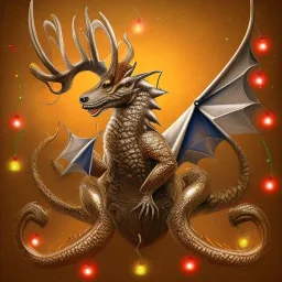 Christmas dragon with deer ears, wolf head, ibex horns, horse body, deer legs, lizard tail, bat wings and Christmas lights