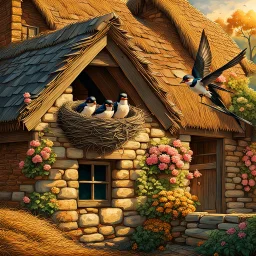 captivating cinematic painting masterfully blending traditional illustration, 3D rendering, and wildlife photography, depicts a picturesque old stone farmhouse with a thatched roof. The harmonious blend of artistic styles creates an atmosphere of serene tranquility, warmth, nostalgia, and timeless beauty. In the cozy home on the roof, three adorable baby swallows rest in their nest, watched over by a swift adult swallow soaring around them. Vibrant hollyhocks cascade along the walls, and hay in