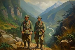 Japanese 1920 oil painting FEDRA from TLOU but as Vietnam men soldiers in the mountains far away from the scenery