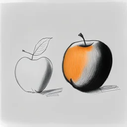 black and white sketchbook portrait of an apple and an orange, drawn in a simplistic style. no colors