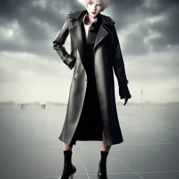 A tall slender naked young woman with short hair and a black trench coat longingly waiting for a lover at an airport