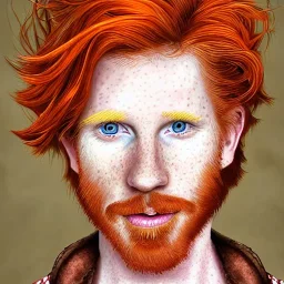 Portrait of young Courtney Gains as a ruggedly handsome, joyful, roguish pirate, charismatic, attractive male, masculine, perfect, precisely detailed clear eyes, unblemished, flawless skin, softly freckled face; meticulously detailed multi-hued ginger carrot-colored cherry fire red hair; fantasy, intricate, elegant, highly detailed, digital painting, concept art, matte, sharp focus, illustration, art by artgerm and greg rutkowski and alphonse mucha