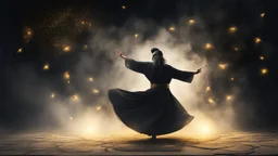 Hyper Realistic Sufi Whirling on stone floor with black & Golden Islamic Sufi Rustic Grungy Background with heavy fog & fireflies at dark night