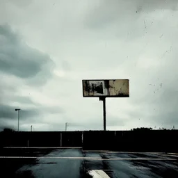 Minimal contemporary abstract oil paintings of desolate 1960s carpark with road markings and concrete fragments. Overlay with grungy typography graphics. style of Justin Mortimer and Francis Bacon.