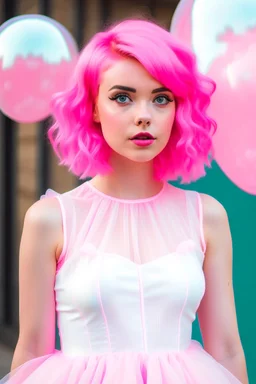 A pretty girl with a clear face, pink hair, wearing a white and pink bubble dress