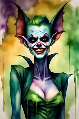 a multicolored, watercolor stained, wall in the background, inspired by all the works of art in the world - laughing - Millie "The Bat" Miller, an extremely tiny, thin, voluptuous beautiful Bat-faced vampire werewolf zombie Joker female with a emerald mohawk, full body image, wearing a skinsuit, Absolute Reality, Reality engine, Realistic stock photo 1080p, 32k UHD, Hyper realistic, photorealistic, well-shaped, perfect figure,