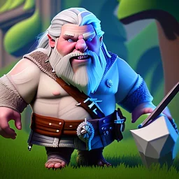 Clash of clans art style of a cute fat geralt, full body, by mobeius, au naturel, hyper detailed, digital art, trending in artstation, cinematic lighting, studio quality, smooth render, unreal engine 5 rendered, octane rendered, art style by klimt and nixeu and ian sprigger and wlop and krenz cushart