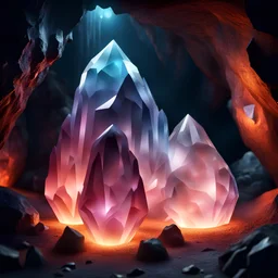 Hyper Realistic big glowing crystals in a volcanic cave at night