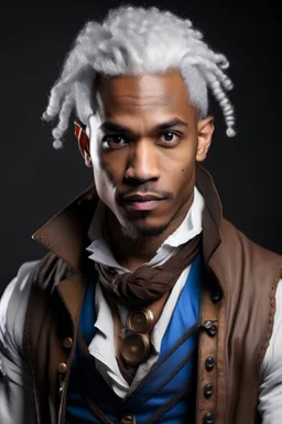 28 years old mulatto male sorcerer, with wavy snow-white hair, blue eyes, dressed in a steampunk style