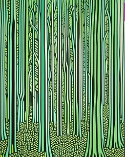 A mint colored forest with thorns designed in ancient Egyptian hieroglyphics painted by Roy Lichtenstein