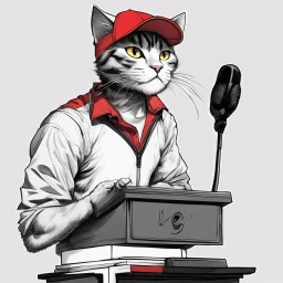 a drawing of a manga cat man with a sports cap and shirt, speaking at a (((lectern))) with a microphone, red, white and black colors, cat white and black colors