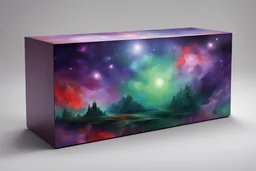 beautiful paintings of purple and green space on red rectangular box, very realistic