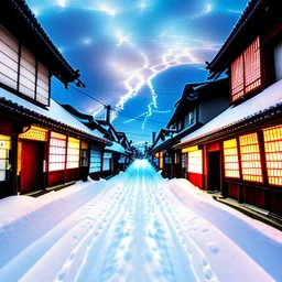 The small empty street in Japan is covered with snow, the sky is cloudy and it is snowing, the lights of houses and shops are bright, there is a beautiful view of the city، high details, high quality, dream